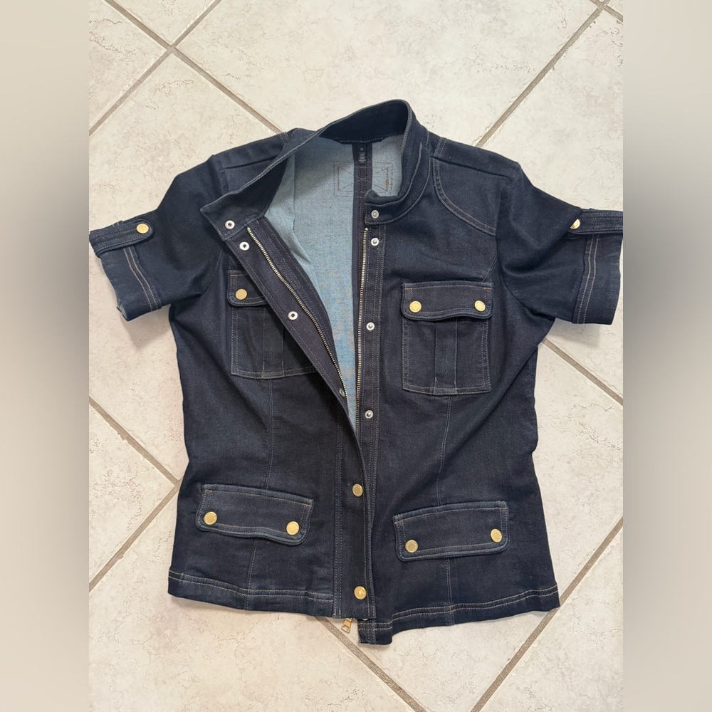 White House Black Market Denim Short Sleeve Zip Up Jacket Sz 14 - Picture 7 of 8